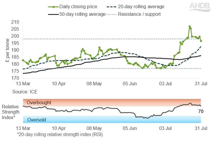 Line graph of UK feed futures Nov-26 contract prices over the past six months.